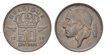 Бельгия 50 сантимов 1959 Belgique, Бодуэн I (1951-1993) KM 148 бронза 4702-1045