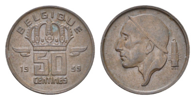 Бельгия 50 сантимов 1959 Belgique, Бодуэн I (1951-1993) KM 148 бронза 4702-1045