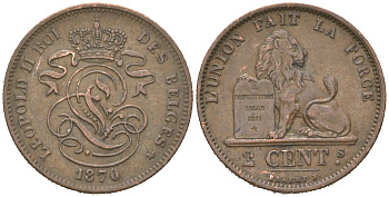 Бельгия 2 сантима 1870 Леопольд II (1865-1909) KM 35.1 медь 4615-656