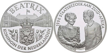 Нидерланды медаль ND королева Беатрикс, 1996 год государственный визит в ЮАР, диаметр 38,5 мм., вес 22,12 гр.  серебро  PROOF  1078-6-34