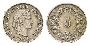 Швейцария 5 раппенов 1943 B KM 26 медно-никель 4643-331