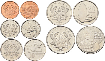 Гана годовой набор из 5 монет (1, 5, 10, 20 и 50 песев) 2007 KM 37, 38, 39, 40 и 41 UNC 4675-815-817