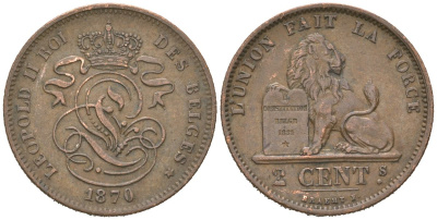 Бельгия 2 сантима 1870 Леопольд II (1865-1909) KM 35.1 медь 4615-656