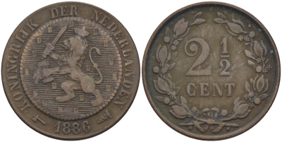 Нидерланды 2 1/2 цента 1886 Виллем III (1849-1890) KM 109 бронза 73-1011