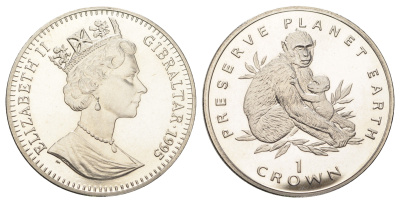 Гибралтар 1 крона 1995 Заповедник планета Земля - Магот (обезьяна) KM 306 медно-никель BU 11-087-43