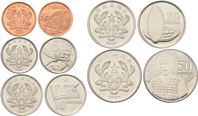 Гана годовой набор из 5 монет (1, 5, 10, 20 и 50 песев) 2007 KM 37, 38, 39, 40 и 41 UNC 4675-815-817