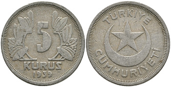 ТУРЦИЯ 5 КУРУШЕЙ 1939 KM 862 медно-никель 4541-246