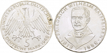 ФРГ 5 марок 1968 J, 150 лет со дня рождения Фридриха Вильгельма Райффайзена J. 396, KM 121 серебро UNC 3457-326