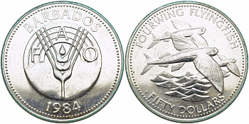 Барбадос 50 долларов 1984 FAO, крылатые рыбы, тираж 3600 экземпляров KM 42 серебро UNC 01-166-45