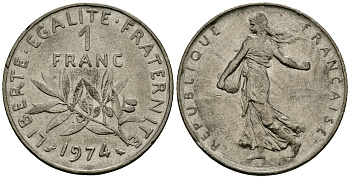 Франция 1 франк 1974 сеятель KM 925 никель 4135-836