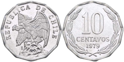 Чили 10 сентаво 1979 KM 205a алюминий 4402-451