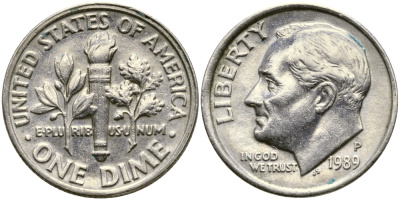 США 10 ЦЕНТОВ = 1 ДАЙМ 1989 P, РУЗВЕЛЬТ KM 195а медь плакированная медно-никелем 46-2416