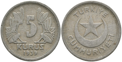 ТУРЦИЯ 5 КУРУШЕЙ 1939 KM 862 медно-никель 4541-246