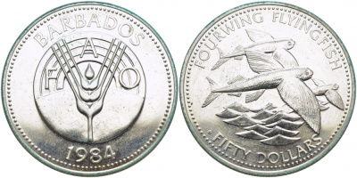 Барбадос 50 долларов 1984 FAO, крылатые рыбы, тираж 3600 экземпляров KM 42 серебро UNC 11-166-45