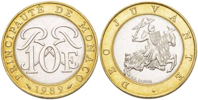 Монако 10 франков 1989 Ренье III (1949-2005) KM 163 биметалл 4513-925