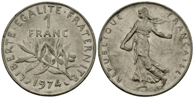 Франция 1 франк 1974 сеятель KM 925 никель 4135-836