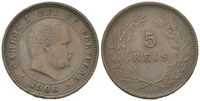 Португалия 5 реалов 1906 Карлуш I (1889-1908) KM 530 бронза 4611-251