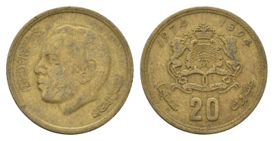 Марокко 20 сантимов 1974 AH1394, Аль Хассан II (1962-1999), Y 61 медь алюминий никель 4703-216
