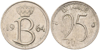 Бельгия 25 сантимов 1964 BELGIQUE KM 153 медно-никель 4585-1055