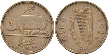 ИРЛАНДИЯ 1/2 ПЕННИ 1942 СВИНЬЯ С ПОРОСЯТАМИ KM 10 бронза 212-1012