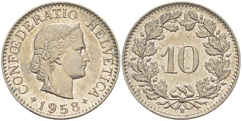 Швейцария 10 раппенов 1958 B KM 27 медно-никель     39-516