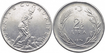 ТУРЦИЯ 2 1/2 ЛИРЫ 1974 KM 893.2 сталь 111-723