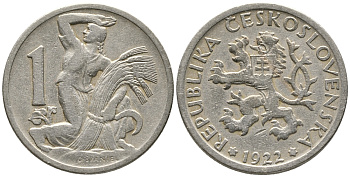 Чехословакия 1 крона 1922 женщина со снопом и серпом KM 4 медно-никель 24-1141