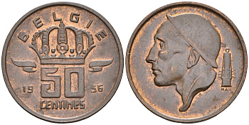 БЕЛЬГИЯ 50 САНТИМОВ 1956 BELGIE, ПЕРВЫЙ ГОД KM 149.1 бронза 4588-467