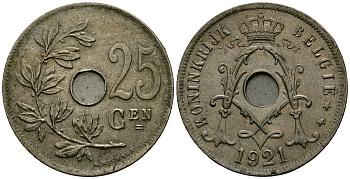 Бельгия 25 сантимов 1921 Belgie KM 69 медно-никель 4165-744