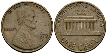 США 1 цент 1979 D, Линкольн KM 201 медь цинк 4136-159