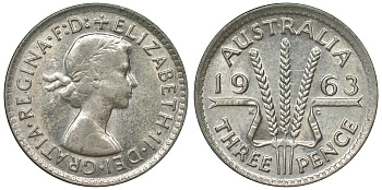 Австралия 3 пенса 1963 m, Елизавета II (1952-2022) KM 57 серебро 71-863