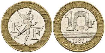 Франция 10 франков 1989 тип гений Бастилии KM 964.1, Le Franc 375.3 биметалл  85-126