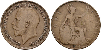 Великобритания 1 пенни 1914 Георг V (1910-1936) KM 810, Spink 4051 бронза 4149-714