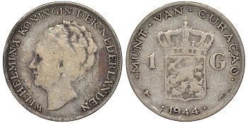 Нидерландское Кюрасао 1 гульден 1944 D, Вильгельмина (1890-1948) KM 45 серебро 36-712
