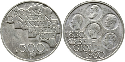 Бельгия 500 франков 1980 150 лет независимости, Belgique, Бодуэн I (1951-1993) KM 161 медно-никель покрытый серебром 37-611
