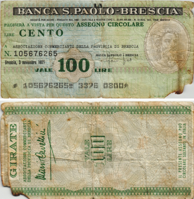 Италия 100 лир 1977 3 ноября 1977 Banco S.Paolo-Brescia бумага 8564-32-2-2