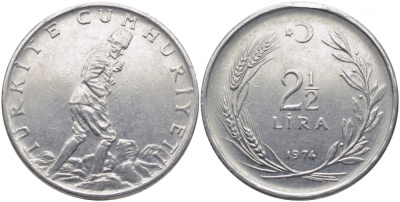 ТУРЦИЯ 2 1/2 ЛИРЫ 1974 KM 893.2 сталь 111-723