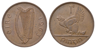 Ирландия 1 пенни 1963 курица с цыплятами KM 11 бронза 4178-1243