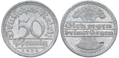 Германия 50 пфеннигов 1921 A KM 27, J. 301 алюминий 4114-537