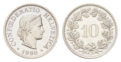 Швейцария 10 раппенов 1990 B KM 27 медно-никель 4705-867