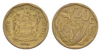 ЮАР 20 центов 1994 герб, цветок протея KM 136 сталь плакированная бронзой 4618-353