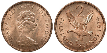 Фолклендские острова 2 пенса 1974 Елизавета II (1952-2022), магелланов гусь KM 3 бронза aUNC 4118-126