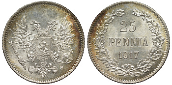 Россия для Финляндии 25 пенни 1917 S, временное правительство, без короны KM 19, Биткин 2 серебро 75-1454