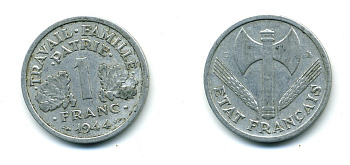 ФРАНЦИЯ 1 ФРАНК 1944 С, ТИП LEGERE, ПРАВИТЕЛЬСТВО ВИШИ KM 902.2, LE FRANC 223.7 алюминий 84-444