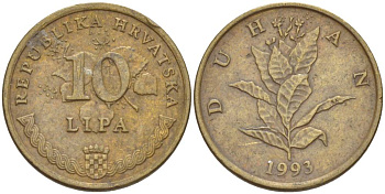 Хорватия 10 лип 1993 табак обыкновенный, легенда на хорватском KM 6 сталь плакированная латунью 4551-652