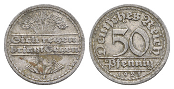 Германия 50 пфеннигов 1921 J KM 27, J. 301 алюминий 4638-1015