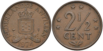 Нидерландские Антилы 2 1/2 цента 1974 Юлиана (1948-1980) KM 9 бронза 4595-422