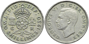 Великобритания 2 шиллинга (флорин) 1950 Георг VI (1936-1952) KM 878, Spink 4107 медно-никель 4394-1045