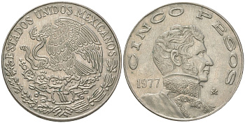 Мексика 5 песо 1977 Mo, Винсенте Герреро KM 472 медно-никель 4403-132