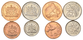 Тринидад и Тобаго набор из 4 монет (1, 5, 10, 25 центов) 2006, 2007 и 2008 KM 29, 30, 31 и 32 UNC 4669-841-844